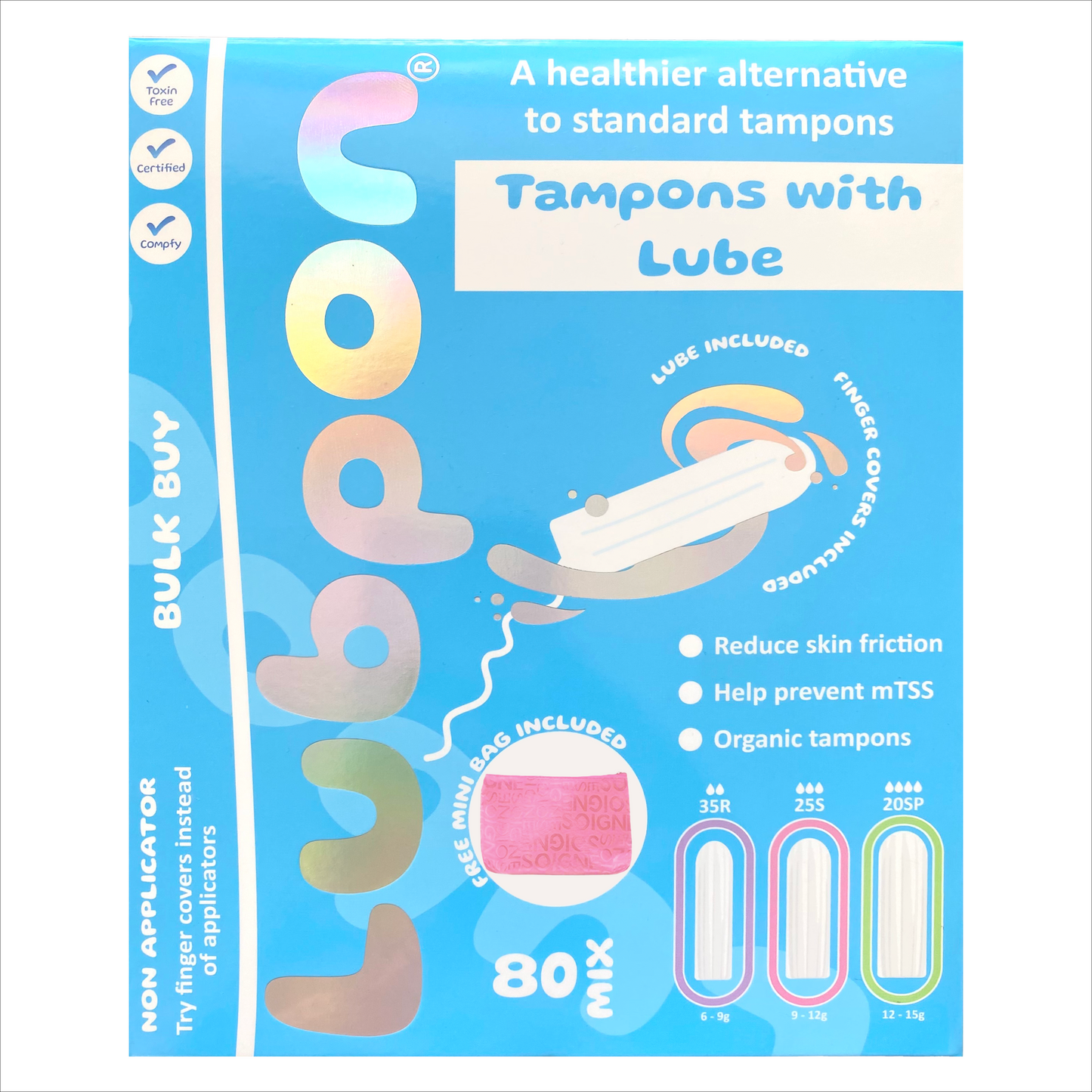 80 LUBPON Organic Tampons with Specially Formulated Lube, Finger Covers, Trendy Pink Mini Bag. (35 Regular 25 Super 20 Super Plus, Bulk Buy ~3 Months Supply, 80 Mix, Pink)