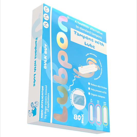 80 LUBPON Organic Tampons with Specially Formulated Lube, Finger Covers, Trendy Blue Mini Bag. (35 Regular 25 Super 20 Super Plus, Bulk Buy ~3 Months Supply, 80 Mix, Blue)