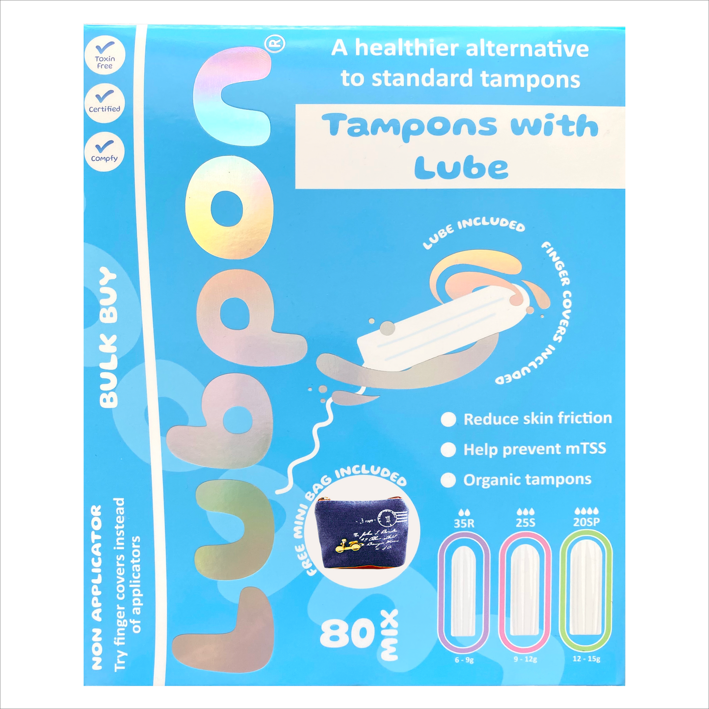 80 LUBPON Organic Tampons with Specially Formulated Lube, Finger Covers, Trendy Blue Canvas Mini Bag. (35 Regular 25 Super 20 Super Plus, Bulk Buy ~3 Months Supply, 80 Mix, Blue Canvas)