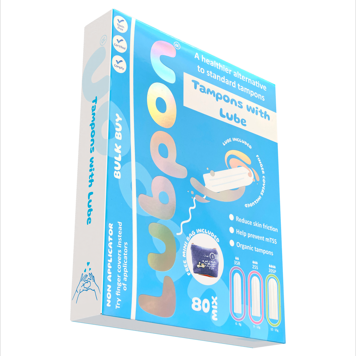 80 LUBPON Organic Tampons with Specially Formulated Lube, Finger Covers, Trendy Blue Canvas Mini Bag. (35 Regular 25 Super 20 Super Plus, Bulk Buy ~3 Months Supply, 80 Mix, Blue Canvas)