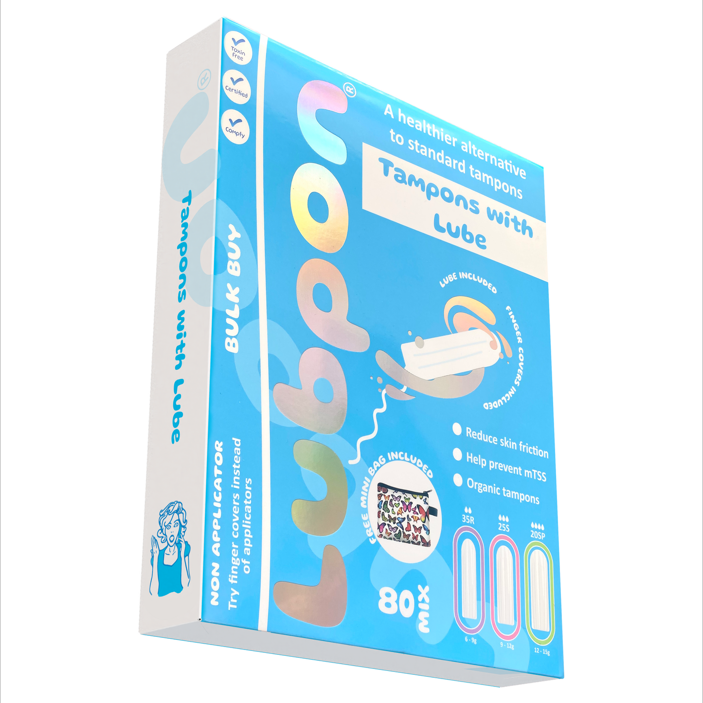 80 LUBPON Organic Tampons with Specially Formulated Lube, Finger Covers, Trendy Butterflies Mini Bag. (35 Regular 25 Super 20 Super Plus, Bulk Buy ~3 Months Supply, 80 Mix, Butterflies)