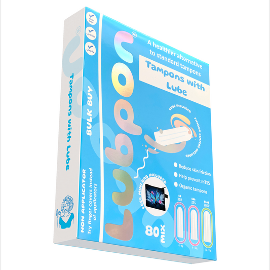 80 LUBPON Organic Tampons with Specially Formulated Lube, Finger Covers, Trendy Blue Butterfly Mini Bag. (35 Regular 25 Super 20 Super Plus, Bulk Buy ~3 Months Supply, 80 Mix, Blue Butterfly)