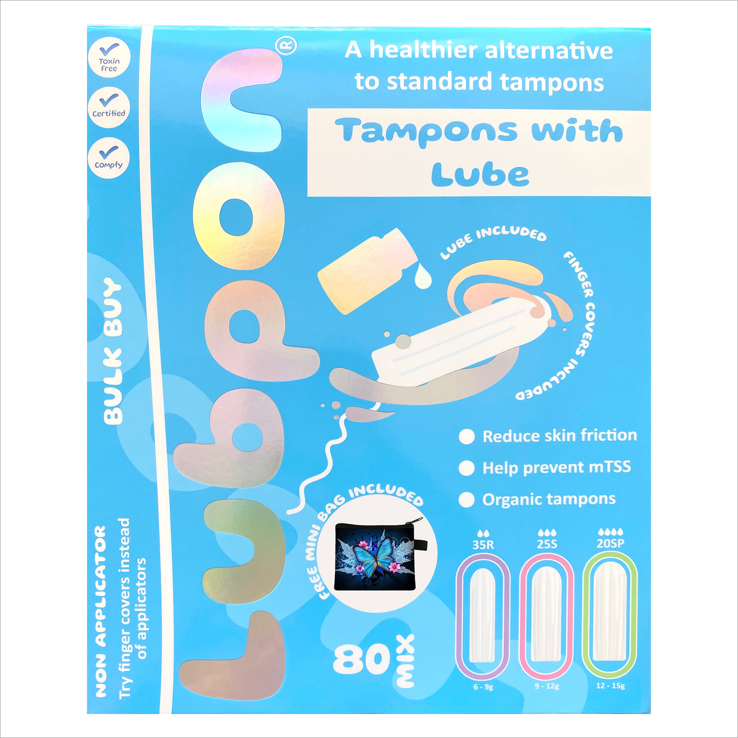 Tampon LUBE and 80 Mix Organic TAMPONS, Specially Formulated Lube, Bulk Buy, FREE Blue Butterfly Mini Bag. (LUBPON Tampon Kit, 35 Regular 25 Super 20 Super Plus, Multi Pack, Blue Butterfly)