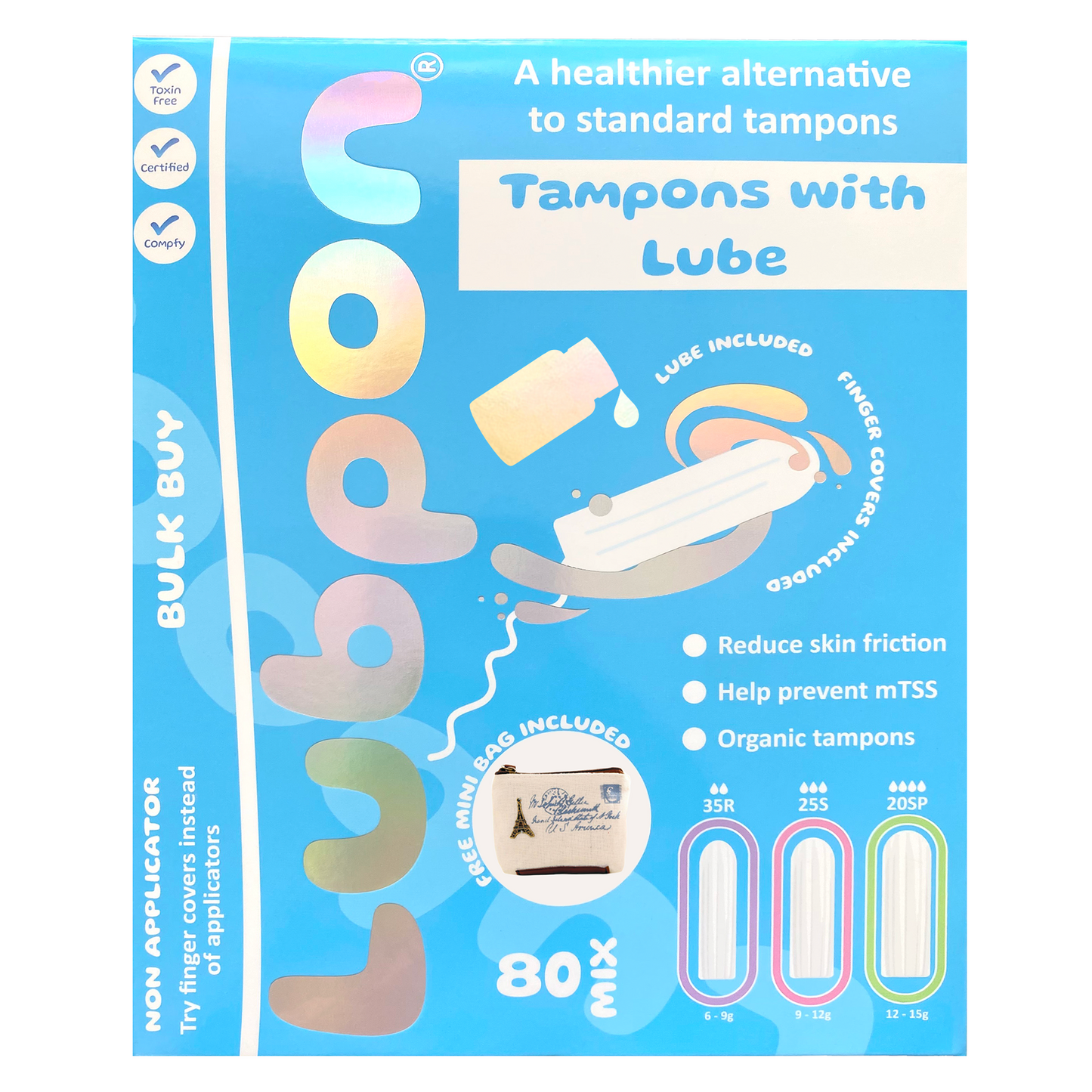 Tampon LUBE and 80 Mix Organic TAMPONS, Specially Formulated Lube, Bulk Buy, FREE Cream Canvas Mini Bag. (LUBPON Tampon Kit, 35 Regular 25 Super 20 Super Plus, Multi Pack, Cream Canvas)