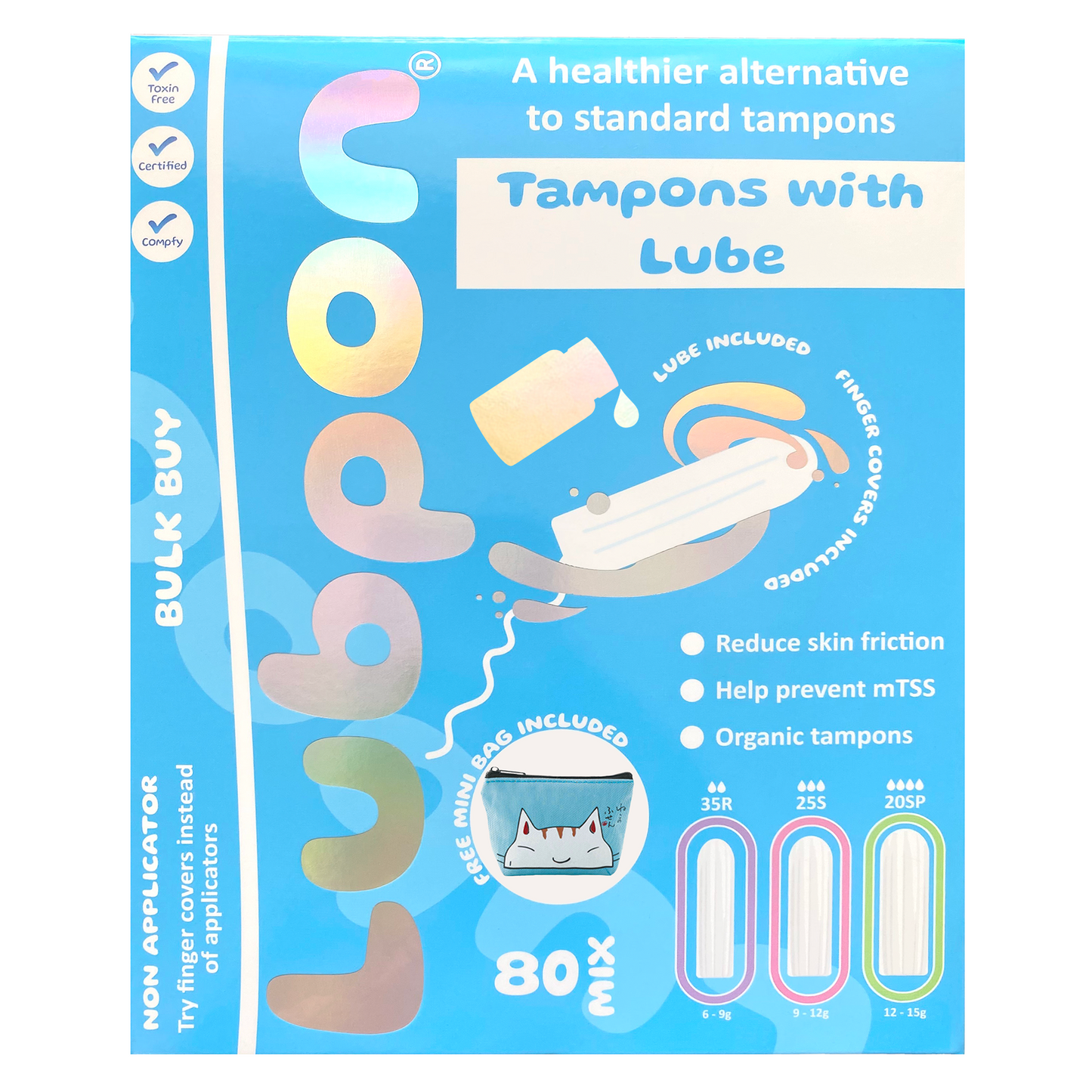 Tampon LUBE and 80 Mix Organic TAMPONS, Specially Formulated Lube, Bulk Buy, FREE Smiling Cat Mini Bag. (LUBPON Tampon Kit, 35 Regular 25 Super 20 Super Plus, Multi Pack, Smiling Cat)