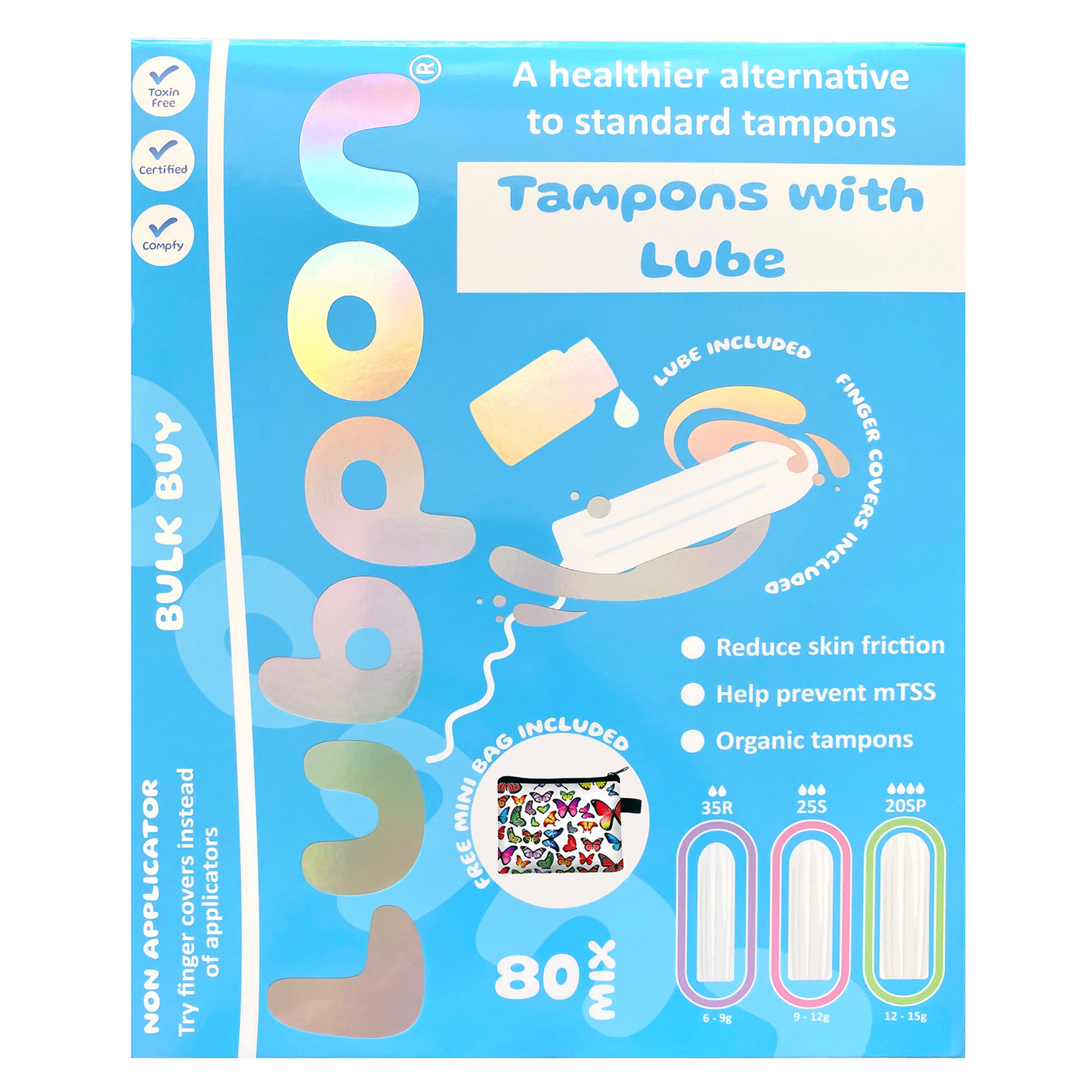 Tampon LUBE and 80 Mix Organic TAMPONS, Specially Formulated Lube, Bulk Buy, FREE Butterflies Mini Bag. (LUBPON Tampon Kit, 35 Regular 25 Super 20 Super Plus, Multi Pack, Butterflies)