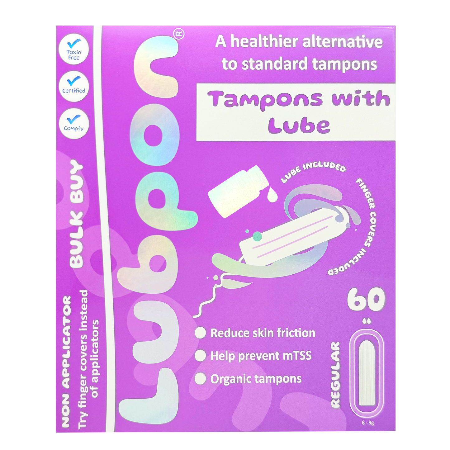 Tampon LUBE and 60 Regular Organic TAMPONS, Specially Formulated Lube, Bulk Buy, Free Trendy Purple Mini Bag. (LUBPON Tampon Kit, 60 Regular, Purple)