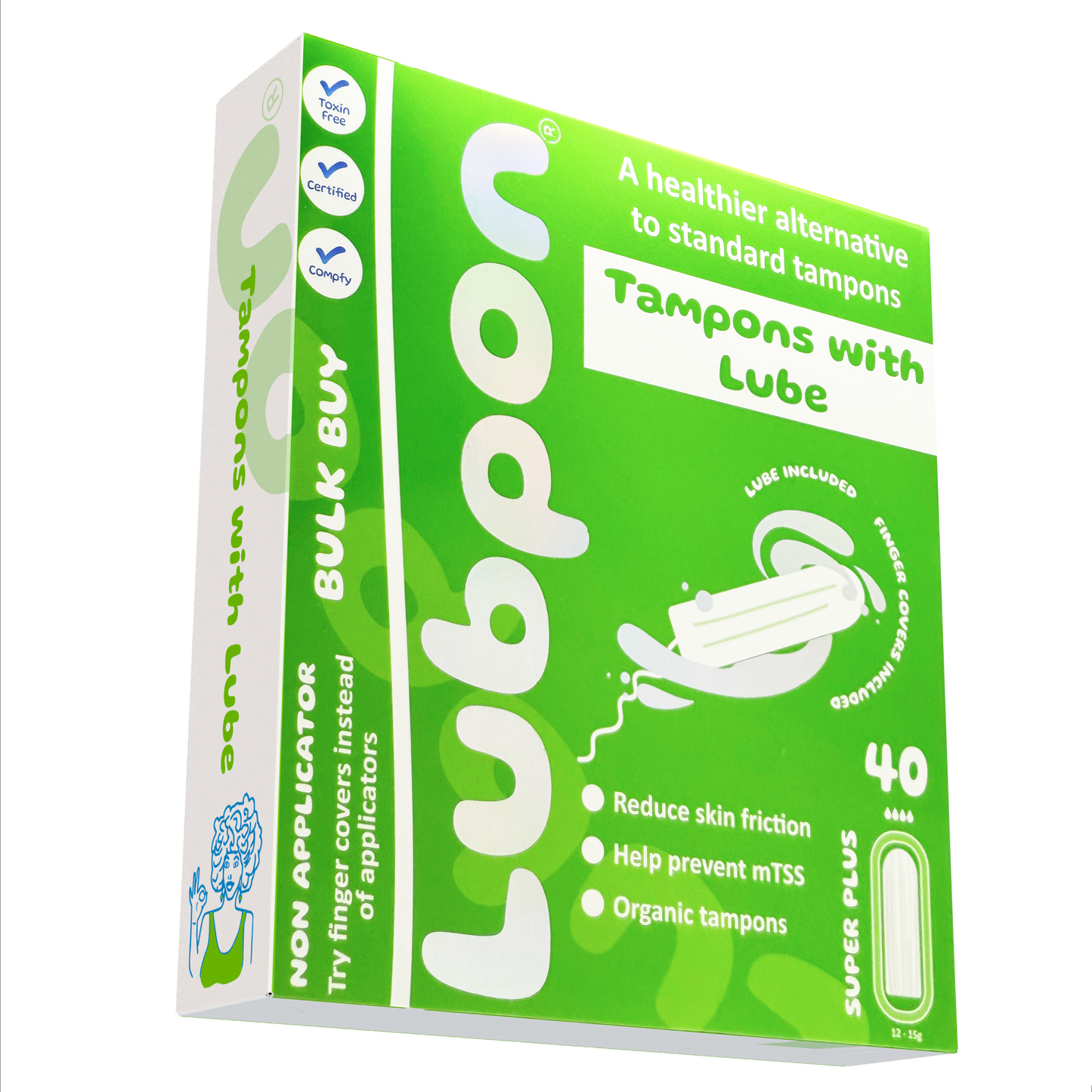 40 LUBPON Organic Tampons with Specially Formulated Lube and Finger Covers. (Bulk Buy ~5 Months Supply, 40 Super Plus)