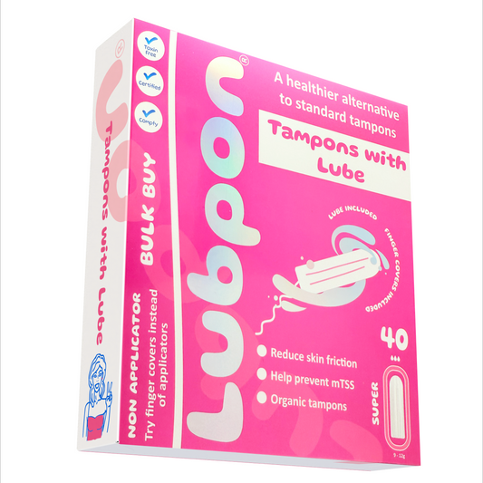 40 LUBPON Organic Tampons with Specially Formulated Lube and Finger Covers. (Bulk Buy ~5 Months Supply, 40 Super)