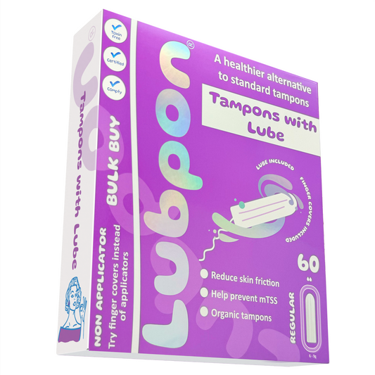 60 LUBPON Organic Tampons with Specially Formulated Lube and Finger Covers. (Bulk Buy ~5 Months Supply, 60 Regular)