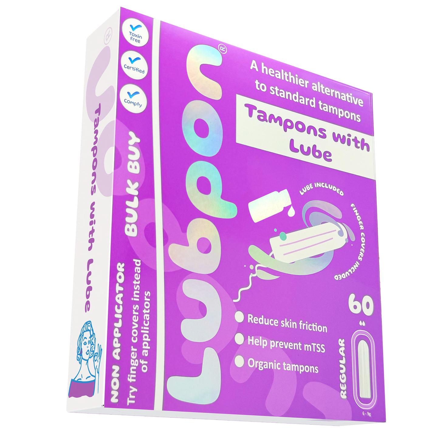 Tampon LUBE and 60 Regular Organic TAMPONS, Specially Formulated Lube, Bulk Buy, Free Trendy Purple Mini Bag. (LUBPON Tampon Kit, 60 Regular, Purple)