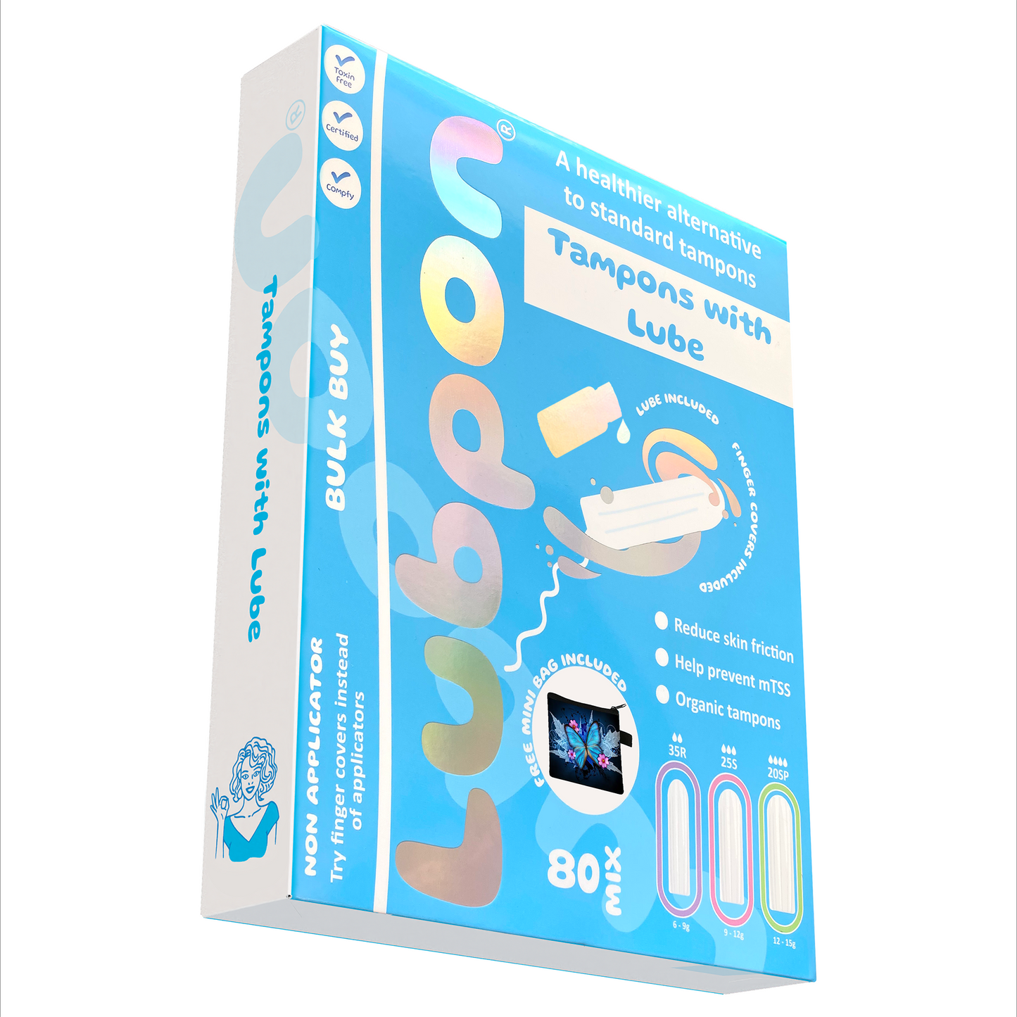 Tampon LUBE and 80 Mix Organic TAMPONS, Specially Formulated Lube, Bulk Buy, FREE Blue Butterfly Mini Bag. (LUBPON Tampon Kit, 35 Regular 25 Super 20 Super Plus, Multi Pack, Blue Butterfly)