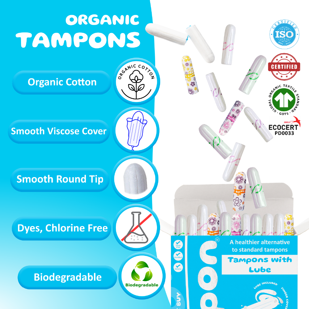 Tampon LUBE and 80 Mix Organic TAMPONS, Specially Formulated Lube, Bulk Buy, FREE Cream Canvas Mini Bag. (LUBPON Tampon Kit, 35 Regular 25 Super 20 Super Plus, Multi Pack, Cream Canvas)